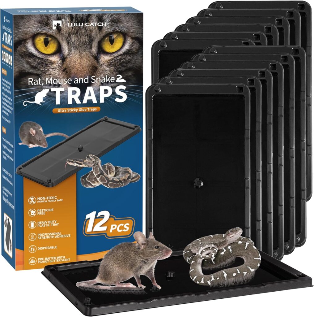 LULUCATCH Sticky Mouse Trap, 12 Pack Large Glue Traps, Pre-Baited Heavy Duty Non-Toxic Bulk Glue Boards Mouse Traps Indoor for Mice, Snakes, Rat, Insects, Cockroaches  Spiders, Pet Safe Easy to Use